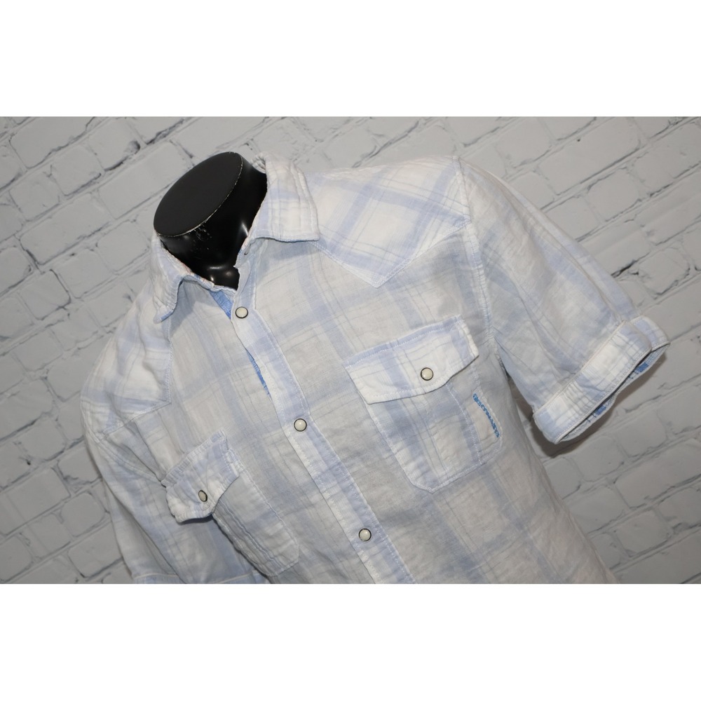 Buffalo David Bitton Lined Western Shirt Mens XXL Light Blue Plaid Pearl Snaps